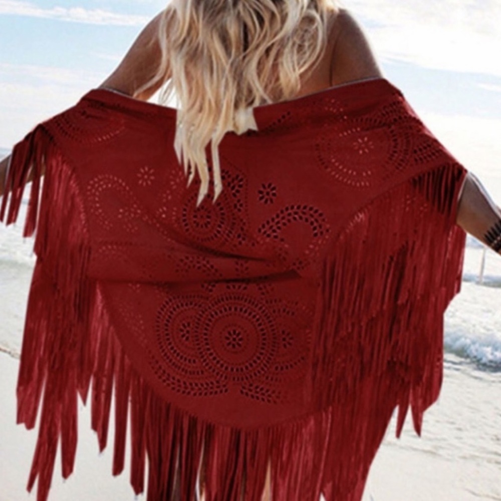 Choies Vegan Suede Fringe Shawl in Maroon OS NWOT